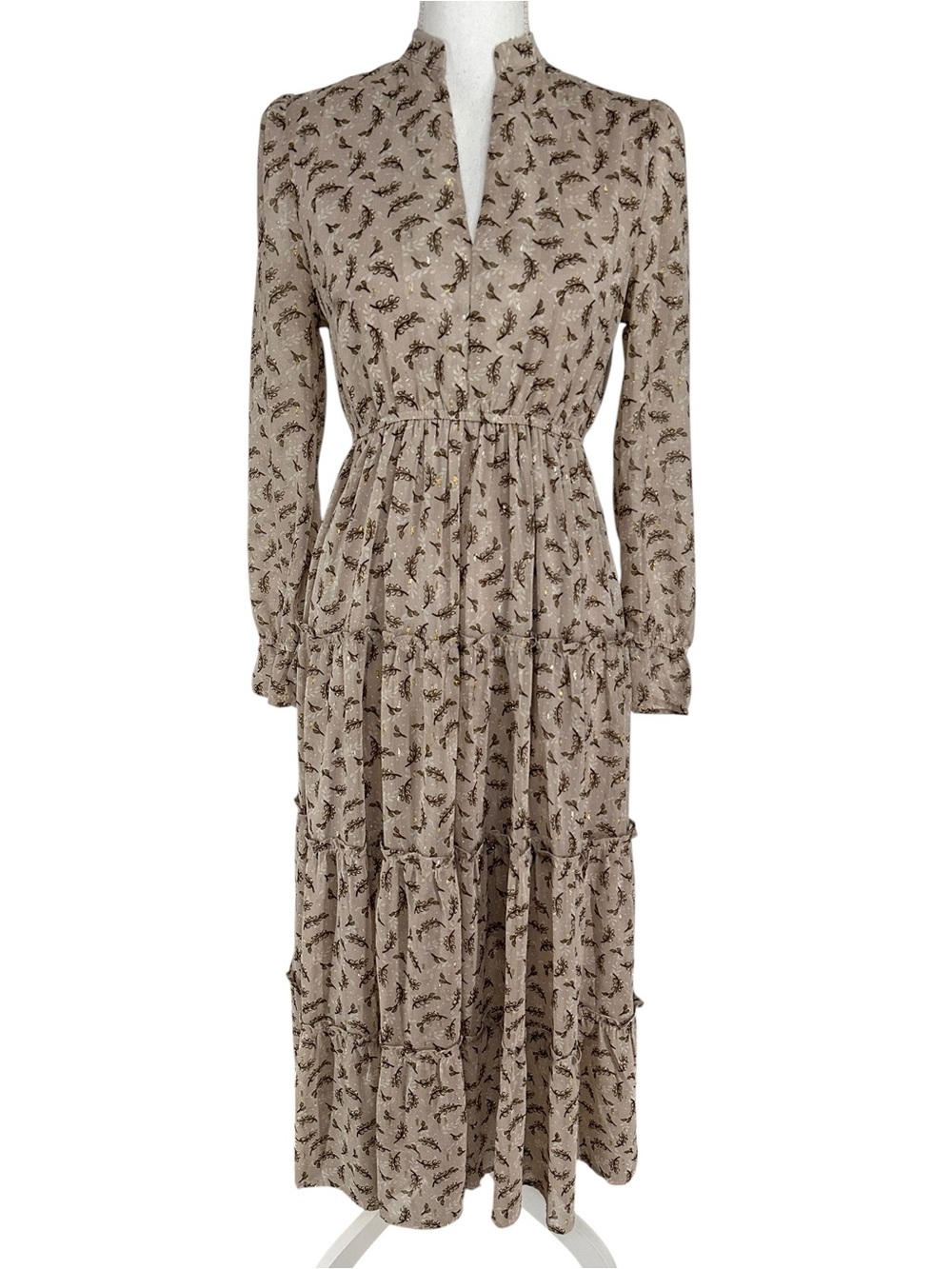 WILD MOSS / Floral Cream & Tan Long Ruffle Dress / Sheer Sleeves / Small / Fairy